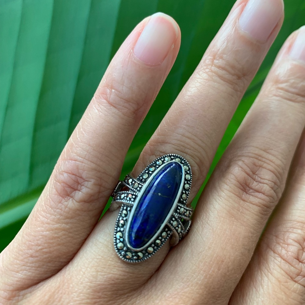 Sterling silver, lapis marquisate ring